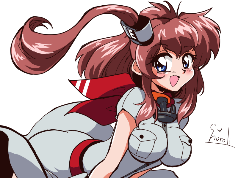 1girl 90s anchor blue_eyes breast_pocket breasts brown_hair choroli_(chorolin) dress hair_between_eyes hair_ornament headgear impossible_clothes kantai_collection large_breasts long_hair looking_at_viewer neckerchief oldschool open_mouth parody pocket ponytail red_neckwear saratoga_(kantai_collection) short_sleeves side_ponytail signature simple_background smile smokestack solo style_parody upper_body white_background white_dress