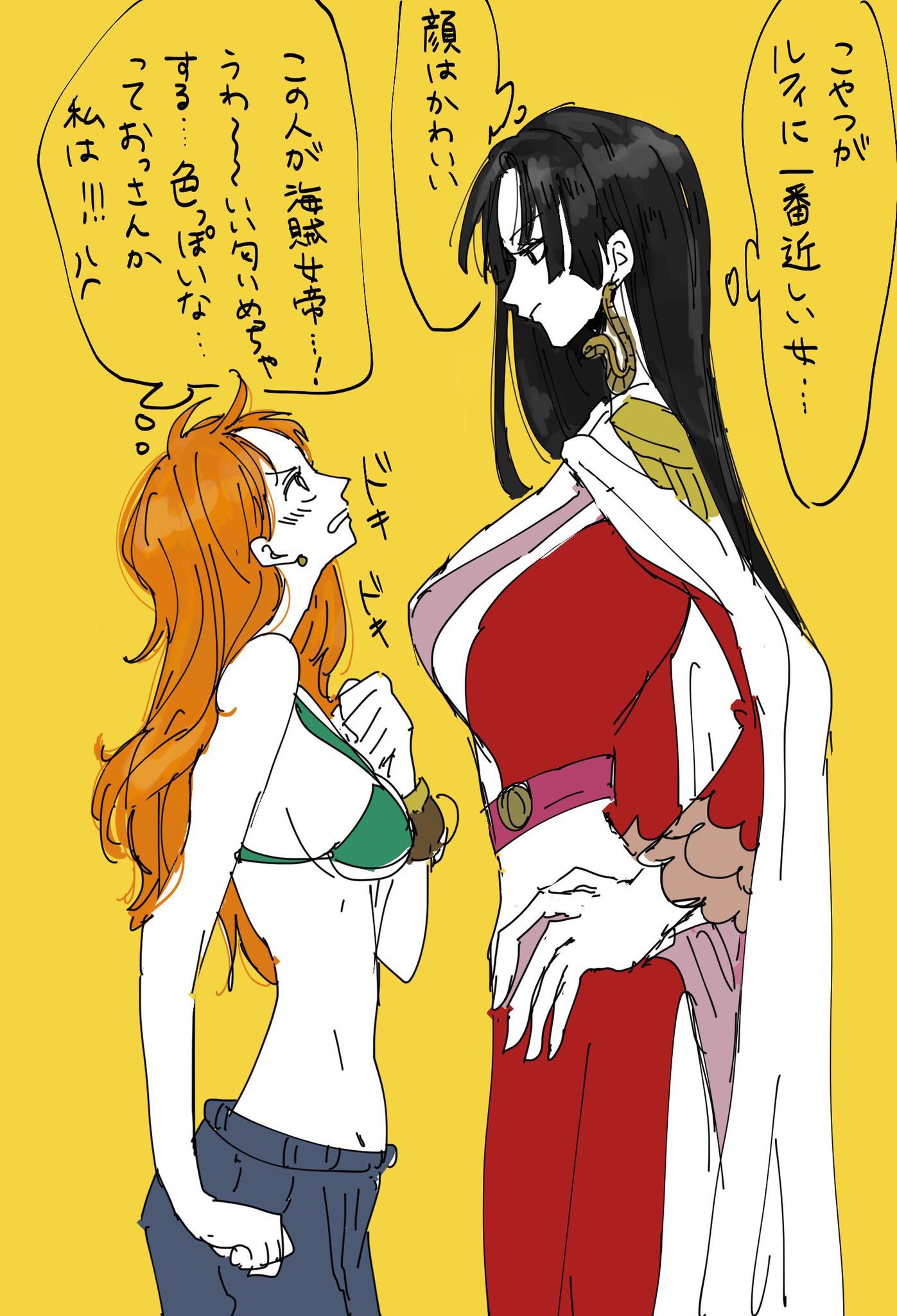 2girls aji_of_aji55 bangs black_hair boa_hancock bra breasts clenched_hand closed_mouth denim earrings hair_between_eyes highres jeans jewelry large_breasts log_pose long_hair long_sleeves looking_up midriff multiple_girls nami_(one_piece) no_shirt one_piece open_mouth orange_hair pants sidelocks simple_background smile standing tall translation_request underwear