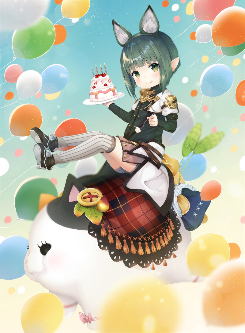 1girl :p animal_ears balloon bangs blunt_bangs blurry_foreground blush cake cat_teaser eating extra_ears eyebrows_visible_through_hair fat_cat_(ff14) final_fantasy final_fantasy_xiv food fork fox_ears green_eyes green_hair kanora lalafell pointy_ears riding shorts solo thigh-highs tongue tongue_out white_legwear