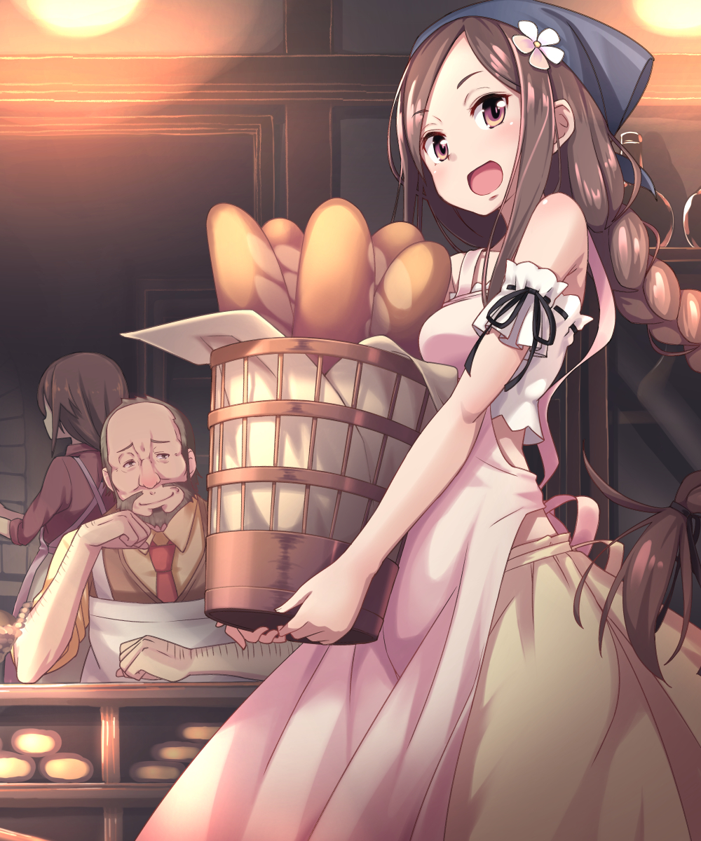 1boy 2girls apron arm_support basket braid bread brown_eyes brown_hair carrying character_request chihaya_72 dorothy_(princess_principal) flower food hair_flower hair_ornament head_rest head_scarf highres holding long_hair looking_at_viewer multiple_girls princess_principal