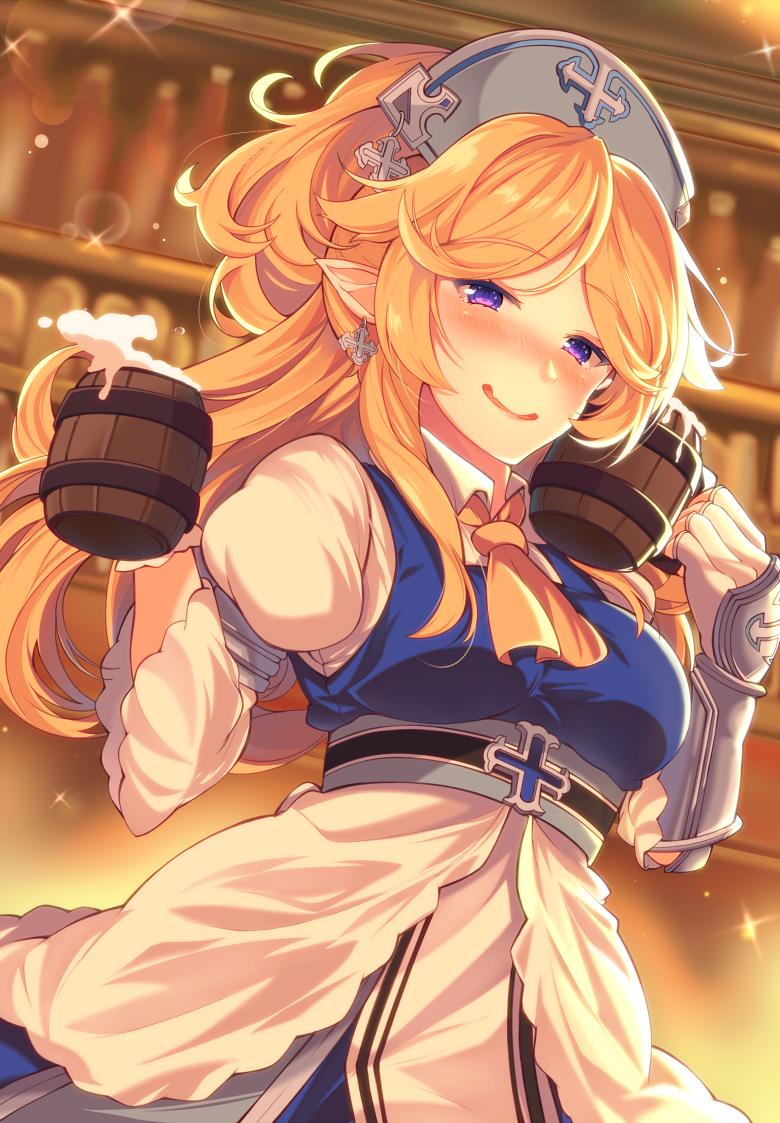 1girl alcohol arm_guards ayase_yukari bangs beer beer_mug blonde_hair blurry blurry_background blush bokeh breasts collared_shirt cowboy_shot cross cross_earrings cup depth_of_field dress drunk earrings gloves hat holding holding_cup indoors jewelry juliet_sleeves long_hair long_sleeves looking_at_viewer medium_breasts mizuyoukan_(mikususannda) mug open_mouth orange_neckwear pointy_ears ponytail princess_connect!_re:dive puffy_sleeves shirt sidelocks solo sparkle violet_eyes white_gloves