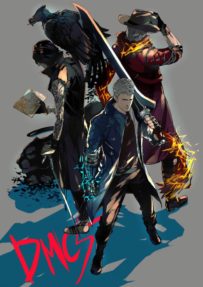 3boys arm_tattoo back-to-back bare_shoulders beak bird black_feathers black_footwear black_gloves black_hair black_legwear blue_coat book bracelet cane clenched_hand closed_mouth coat cowboy_hat dante_(devil_may_cry) devil_may_cry devil_may_cry_5 feathers fingerless_gloves gloves grey_background hat holding holding_book holding_cane holding_hat holding_sword holding_weapon hood hood_down jewelry mechanical_arm multiple_boys nanathuika necklace nero_(devil_may_cry) on_shoulder panther red_coat red_scarf sandals scarf simple_background sleeping smile standing sword tattoo torn_clothes v_(devil_may_cry) weapon white_hair