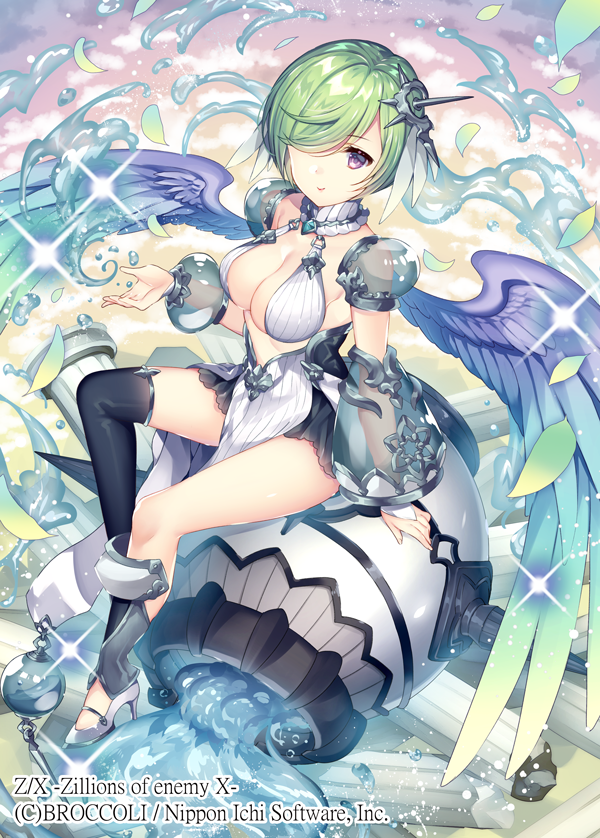 1girl angel_wings bangs black_legwear breasts cleavage commentary_request detached_sleeves feathered_wings green_hair hair_ornament hair_over_one_eye high_heels large_breasts leaf looking_at_viewer pelvic_curtain pot see-through short_hair single_thighhigh sitting smile solo sparkle thigh-highs thighs violet_eyes wasabi_(sekai) water watermark wings z/x