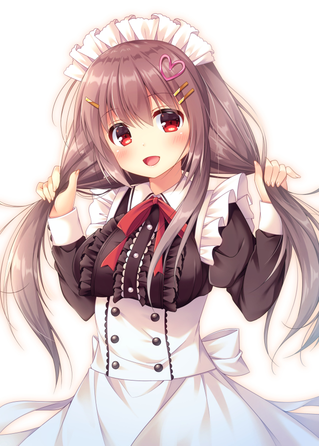 1girl :d apron bangs blush brown_dress brown_hair bunching_hair center_frills commentary_request dress eyebrows_visible_through_hair fingernails frilled_dress frills fujikura_ryuune hair_between_eyes hair_ornament hairclip hands_up head_tilt heart heart_hair_ornament juliet_sleeves long_hair long_sleeves looking_at_viewer maid maid_headdress open_mouth original puffy_sleeves red_eyes sidelocks simple_background sleeves_past_wrists smile solo very_long_hair white_apron white_background