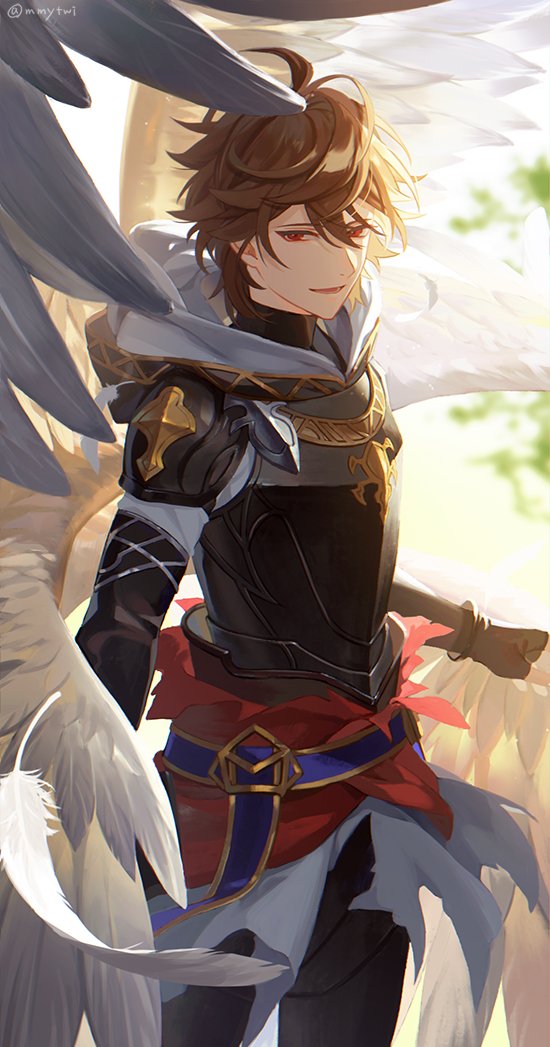 1boy armor brown_hair feathered_wings fingerless_gloves gloves granblue_fantasy hood male_focus mmytwi multiple_wings open_mouth red_eyes sandalphon_(granblue_fantasy) seraph short_hair smile wings
