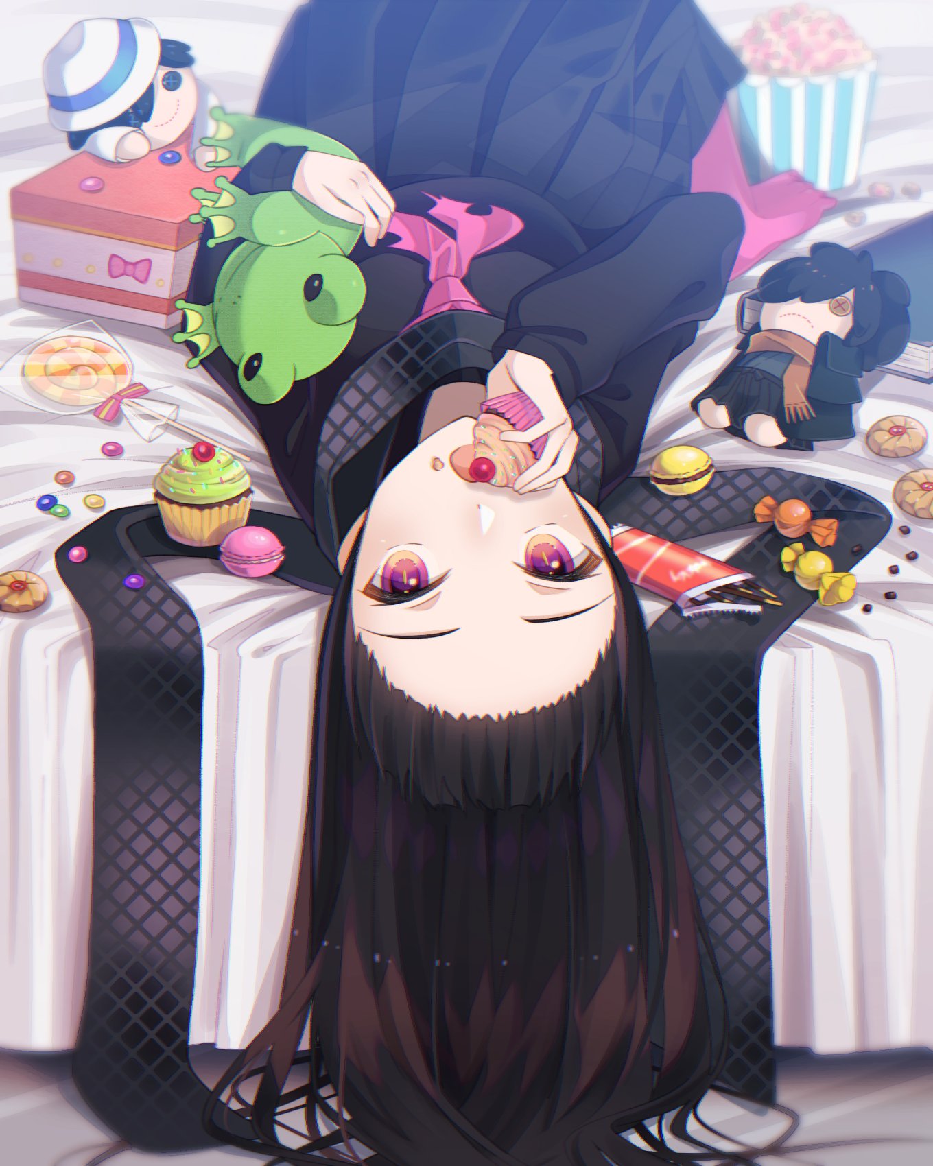 1girl black_hair book candy character_doll cupcake eating fate/grand_order fate_(series) food highres jelly_bean koha-ace lollipop long_hair macaron okada_izou_(fate) on_bed oryou_(fate) pink_eyes pleated_skirt sailor_collar sakamoto_ryouma_(fate) scarf skirt stuffed_animal stuffed_frog stuffed_toy