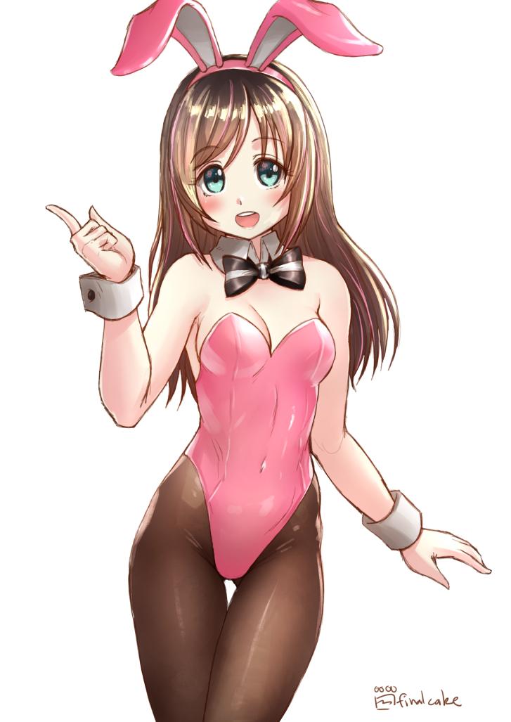 1girl a.i._channel adapted_costume animal_ears artist_name ass_visible_through_thighs bangs black_neckwear bow bowtie breasts brown_hair brown_legwear bunnysuit cleavage covered_navel cowboy_shot detached_collar fake_animal_ears finalcake green_eyes hairband kizuna_ai leotard looking_at_viewer medium_breasts multicolored_hair open_mouth pantyhose pink_hair pink_hairband pink_leotard rabbit_ears round_teeth simple_background solo strapless strapless_leotard streaked_hair striped striped_neckwear swept_bangs teeth thigh_gap two-tone_hair upper_teeth virtual_youtuber white_background wrist_cuffs