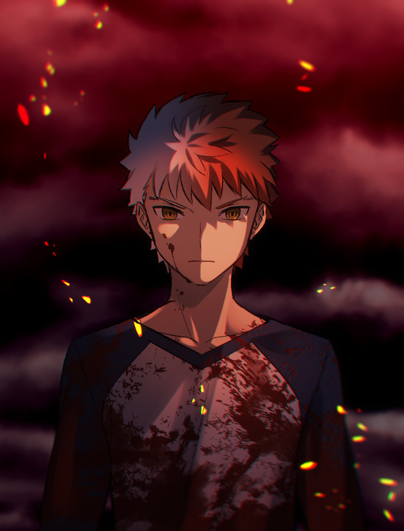 1boy blood blood_on_face bloody_clothes blue_sleeves brown_eyes clouds cloudy_sky emiya_shirou fate/stay_night fate_(series) long_sleeves looking_at_viewer male_focus meiji_ken multicolored_hair orange_hair shirt silver_hair sky solo spiky_hair two-tone_hair v-shaped_eyebrows white_shirt