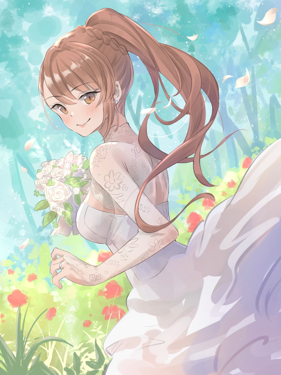 1girl beatrix_(granblue_fantasy) blush bouquet braid breasts bridal_gauntlets bride brown_eyes closed_mouth commentary_request day dress earrings flower from_side glint granblue_fantasy highres holding holding_bouquet jewelry long_hair looking_at_viewer looking_to_the_side medium_breasts outdoors petals ponytail renzu_(lens_02) ring rose single_sidelock smile solo stud_earrings wedding_band wedding_dress white_dress white_flower white_rose