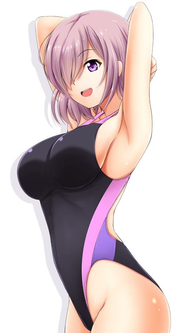 1girl :d alternate_costume armpits arms_behind_head arms_up black_swimsuit breasts commentary_request competition_swimsuit eyebrows_visible_through_hair fate/grand_order fate_(series) female fuuma_nagi hair_over_one_eye happy large_breasts lavender_hair mash_kyrielight neck one-piece_swimsuit open_mouth round_teeth short_hair simple_background smile solo standing swimsuit teeth type-moon upper_teeth violet_eyes white_background