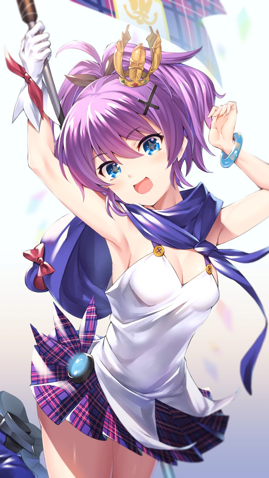 1girl :d ahoge akanagi_youto armpits arms_up azur_lane bangs bare_arms bare_shoulders beige_background blue_background blue_eyes blue_scarf blush bow bracelet breasts cleavage commentary_request cowboy_shot cross_hair_ornament crown eyebrows_visible_through_hair flag gloves gradient gradient_background hair_between_eyes hair_ornament head_tilt highres holding holding_flag javelin_(azur_lane) jewelry looking_at_viewer mini_crown miniskirt open_mouth plaid plaid_skirt pleated_skirt purple_hair purple_skirt red_bow scarf single_glove skirt small_breasts smile solo thighs white_background white_gloves