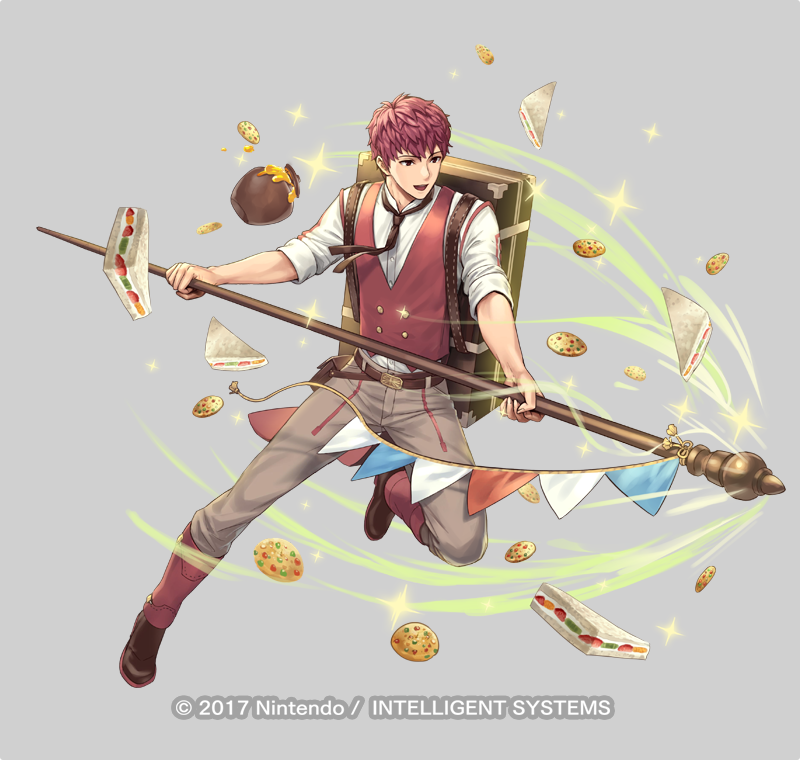 1boy bag belt biscuit boots cuboon fire_emblem fire_emblem_echoes:_mou_hitori_no_eiyuuou fire_emblem_heroes food full_body grey_background jam lukas_(fire_emblem) male_focus necktie nintendo official_art pot red_eyes redhead sandwich solo sparkle staff vest