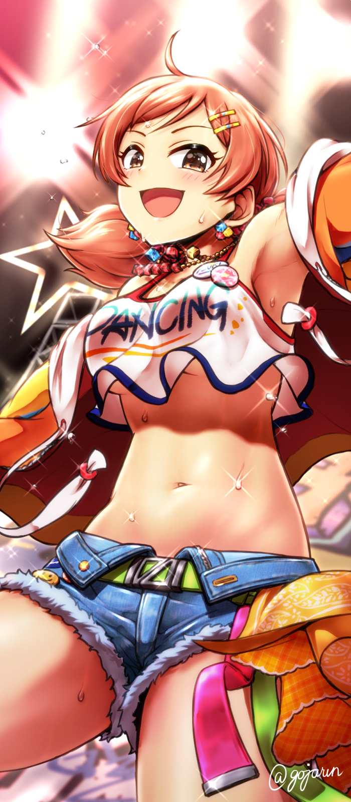 1girl :d armpits belt breasts brown_hair crop_top denim denim_shorts earrings gojarun hair_ornament hairclip highres hood hoodie idolmaster idolmaster_cinderella_girls jewelry komatsu_ibuki midriff navel necklace open_fly open_mouth shorts smile solo stage_lights sweat twintails under_boob