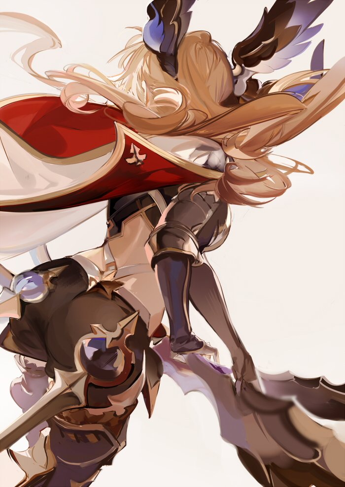 1girl armor bow_(weapon) brown_hair cape from_behind granblue_fantasy hair_ornament hair_wings leg_armor long_hair midriff nineo shorts simple_background solo song_(granblue_fantasy) thigh-highs weapon