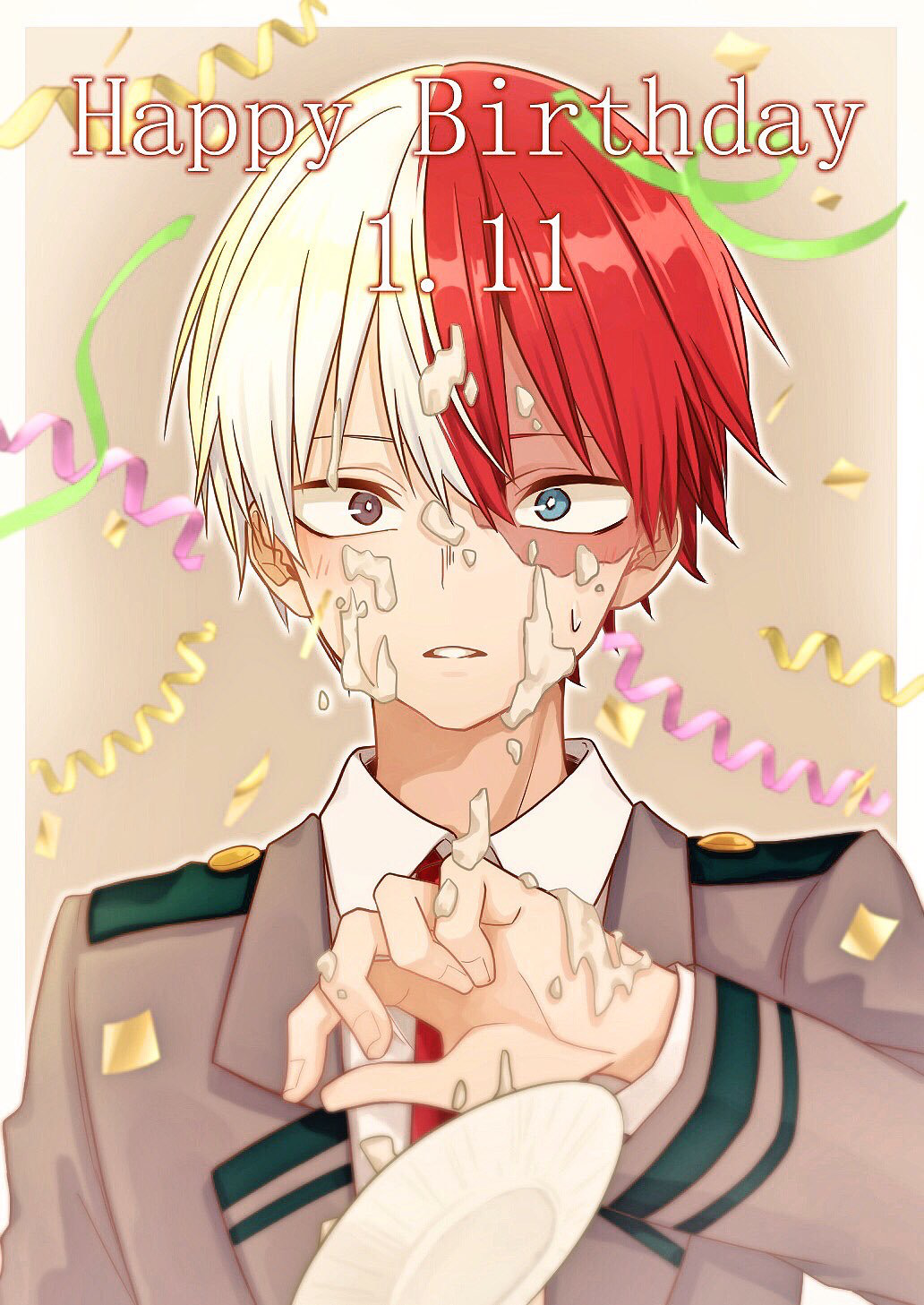 1boy blue_eyes blush boku_no_hero_academia burn_scar commentary_request cream cream_on_face dated face food food_on_face grey_eyes grey_jacket hair_between_eyes hanamame happy_birthday heterochromia highres jacket long_sleeves looking_at_viewer male_focus multicolored_hair necktie parted_lips red_neckwear redhead scar school_uniform shirt short_hair solo todoroki_shouto two-tone_hair white_hair
