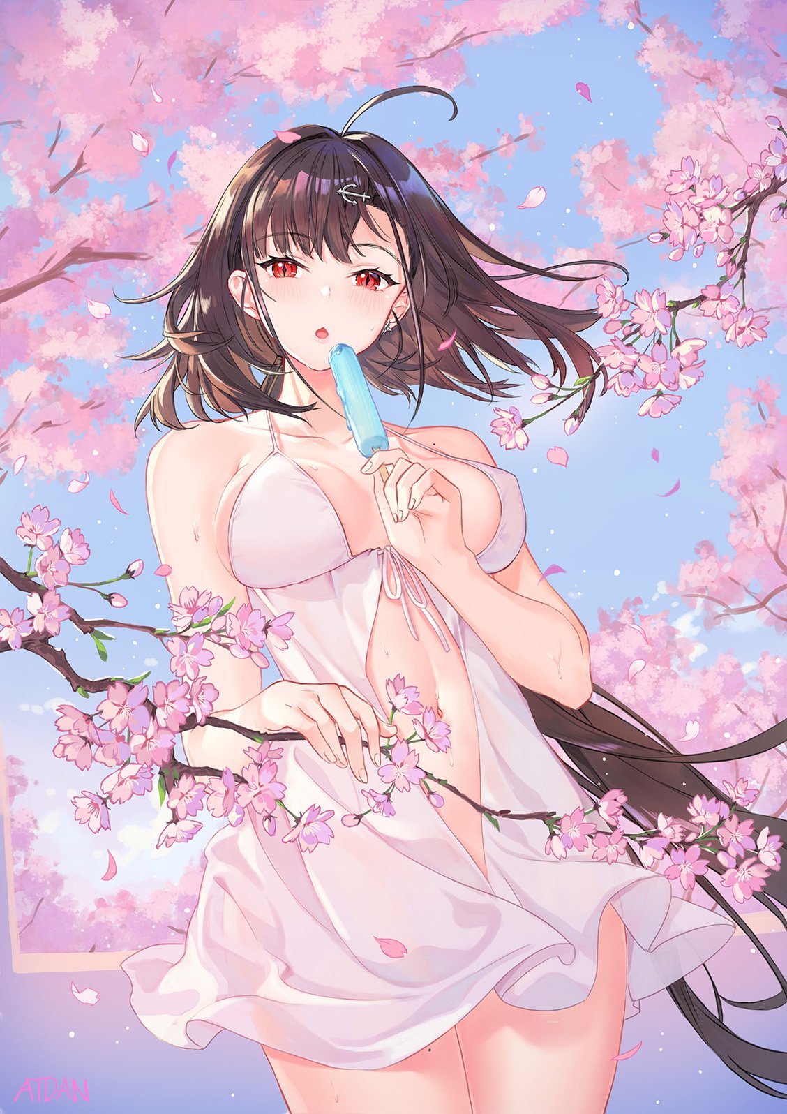 1girl :o ahoge anchor_hair_ornament artist_name atdan azur_lane babydoll bare_arms bare_shoulders blue_sky blush breasts breasts_apart brown_hair cherry_blossoms collarbone cowboy_shot day earrings food hair_intakes hair_ornament highres holding holding_food independence_(azur_lane) jewelry large_breasts light_particles lingerie long_hair looking_at_viewer low_ponytail mole mole_on_thigh navel open_mouth outdoors petals popsicle red_eyes sidelocks sky slit_pupils solo standing stomach strap_gap sweat thighs tree_branch underwear very_long_hair white_babydoll