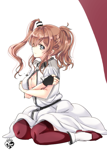 1girl breast_pocket breasts brown_hair chize dress fingerless_gloves full_body gloves grey_eyes hair_between_eyes hair_ornament kantai_collection large_breasts neckerchief open_clothes pocket ponytail red_legwear remodel_(kantai_collection) saratoga_(kantai_collection) side_ponytail sidelocks sitting smokestack solo thigh-highs two-tone_background wariza white_background white_dress