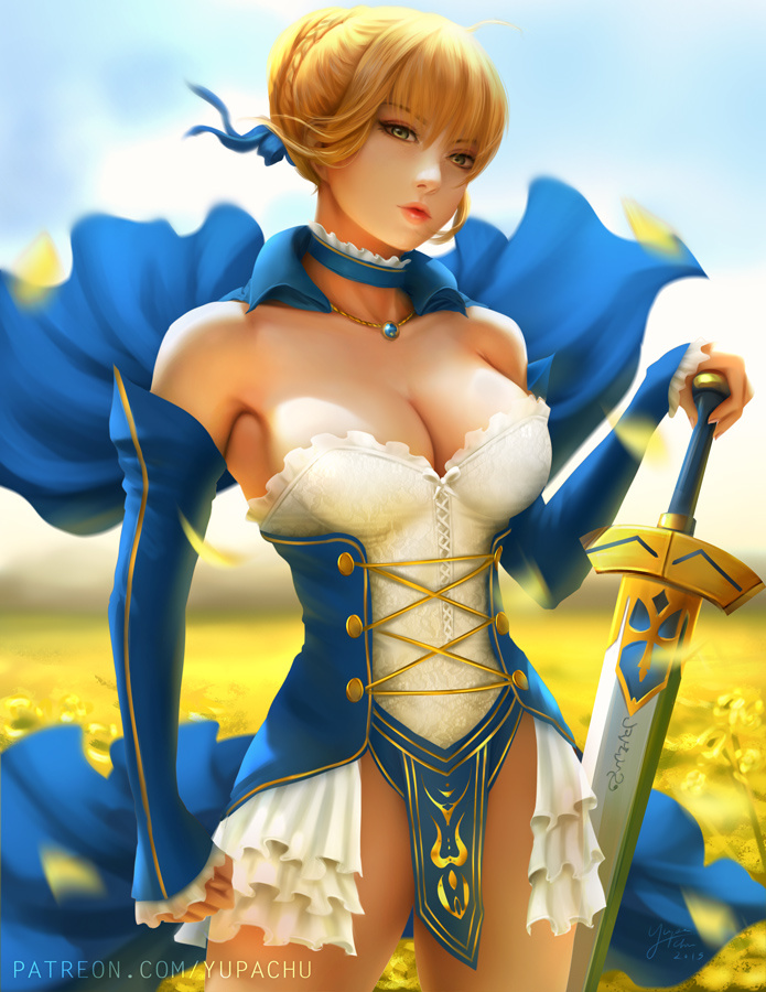 1girl adapted_costume ahoge armor armored_dress artoria_pendragon_(all) bangs bare_shoulders blonde_hair blue_ribbon blue_sky braid breasts cape choker cleavage clouds corset cowboy_shot crown_braid day detached_sleeves dress excalibur fate/stay_night fate_(series) field flower flower_field frilled_dress frilled_sleeves frills green_eyes hair_ribbon jewelry large_breasts long_hair looking_at_viewer necklace open_clothes open_dress outdoors parted_lips pelvic_curtain red_lips ribbon saber saber_(weapon) sapphire_(gemstone) sidelocks sky solo standing sword weapon wind wind_lift yupachu