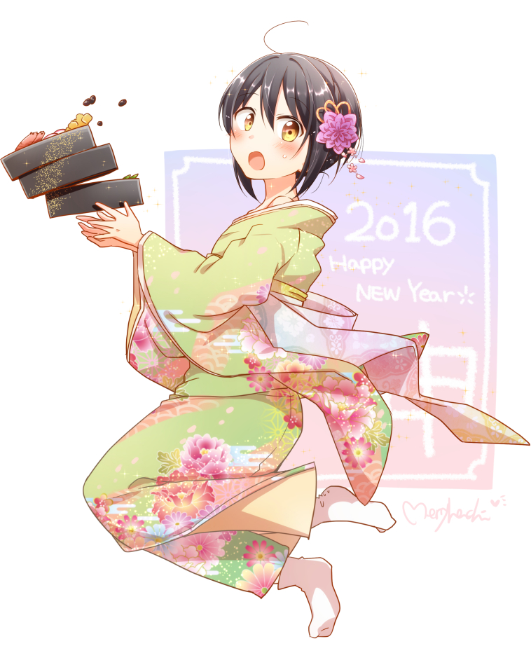 1girl 2016 :o artist_name black_hair blush eyebrows_visible_through_hair floral_print flower food from_side hair_flower hair_ornament happy_new_year japanese_clothes kimono long_sleeves looking_at_viewer merryhachi natsuno_hanabi new_year obi open_mouth sash solo sweatdrop tabi tachibanakan_to_lie_angle tripping wide_sleeves yellow_eyes yukata