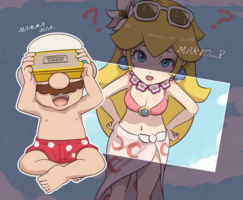 1boy 1girl bikini blonde_hair breasts brown_hair earrings facial_hair female_swimwear gonzarez head_mounted_display jewelry long_hair looking_at_viewer male_swimwear mario super_mario_bros. mustache navel nintendo nintendo_labo nintendo_switch open_mouth princess_peach sunglasses super_mario_bros. super_mario_odyssey swim_trunks swimsuit toy-con translation_request virtual_reality what