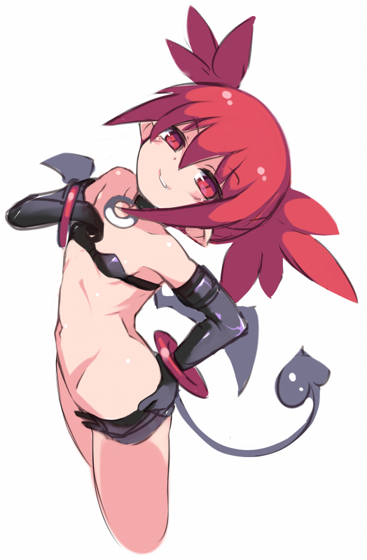 1girl blush cropped_legs demon_girl demon_tail demon_wings disgaea elbow_gloves etna eyebrows_visible_through_hair flat_chest gloves karukan_(monjya) long_hair looking_at_viewer makai_senki_disgaea mini_wings navel pointy_ears red_eyes red_wings redhead simple_background skirt solo tail wings