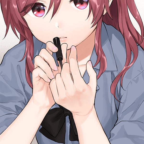 1girl bangs black_neckwear bow bowtie buttons chigusa_asuha close-up collarbone collared_shirt fingernails grey_shirt hair_between_eyes hands_up holding lips long_hair looking_at_viewer nail_polish parted_lips pink_nails qualidea_code red_eyes redhead sekiya_asami shirt sidelocks solo