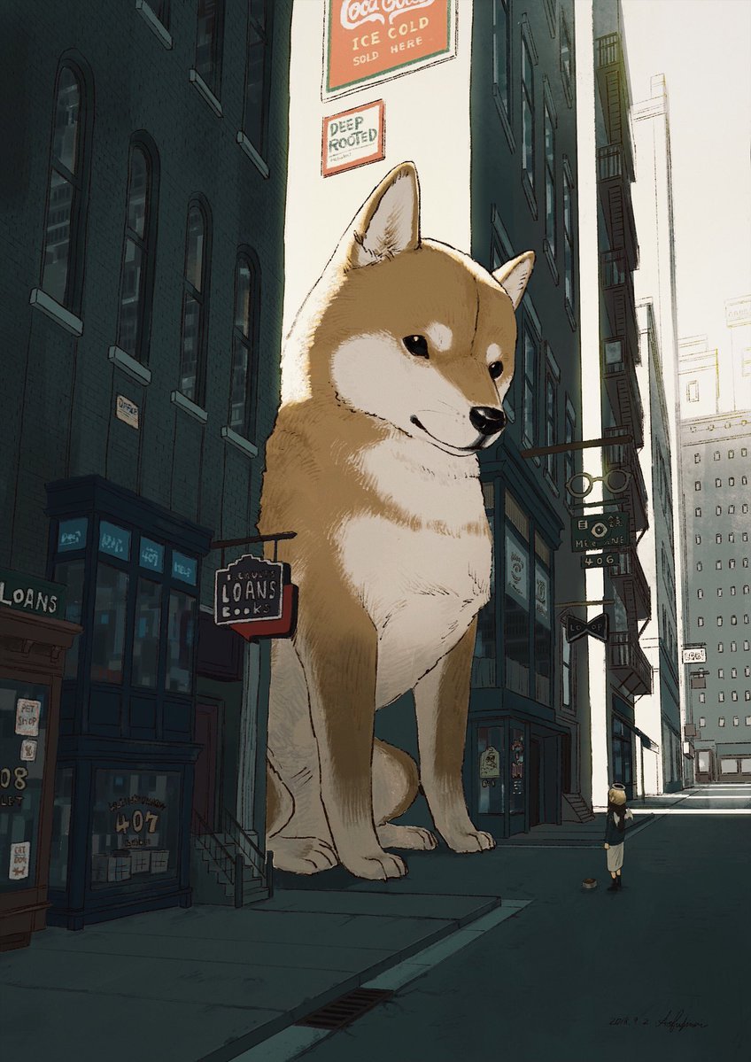 1girl 2018 angel animal animal_focus building city dated day dog halo long_skirt looking_at_another mini_wings original oversized_animal pio_(doragonheart) shiba_inu signature size_difference skirt skyscraper