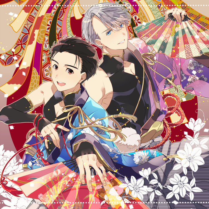 2boys black_hair blue_eyes brown_eyes fan flower folding_fan hair_slicked_back hakama japanese_clothes jewelry katsuki_yuuri kikkoumon kuroemon male_focus multiple_boys off_shoulder open_mouth ring sayagata silver_hair smile viktor_nikiforov yuri!!!_on_ice