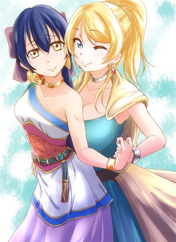 2girls ayase_eli bangs bianca bianca_(cosplay) blonde_hair blue_eyes blue_hair blush bracelet choker commentary_request cosplay cowboy_shot dragon_quest dragon_quest_v dress earrings eyebrows_visible_through_hair flora flora_(cosplay) hair_between_eyes hand_holding jewelry long_hair looking_at_viewer love_live! love_live!_school_idol_project multiple_girls one_eye_closed ponytail smile sonoda_umi urutsu_sahari yellow_eyes yuri