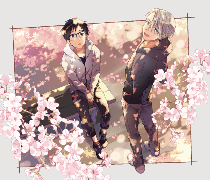 2boys bench black_hair blue-framed_eyewear blue_eyes brown_eyes cherry_blossoms from_above glasses hands_on_hips hood hoodie katsuki_yuuri kuroemon male_focus multiple_boys open_mouth petals silver_hair sitting smile viktor_nikiforov yuri!!!_on_ice