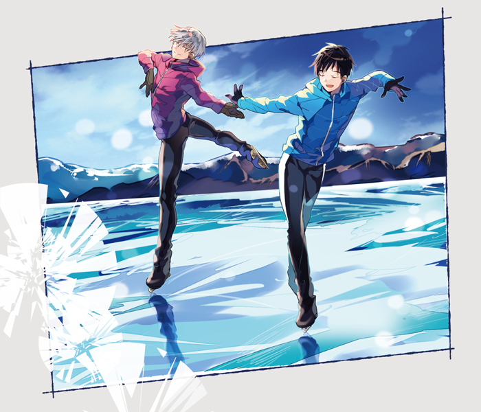 black_gloves black_hair blue_sky closed_eyes frozen_lake gloves ice_skates jacket katsuki_yuuri kuroemon male_focus mountain open_mouth silver_hair skates skating sky smile standing standing_on_one_leg viktor_nikiforov yuri!!!_on_ice