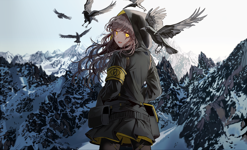 1girl :d bangs bird black_legwear black_skirt blush brown_hair commentary cowboy_shot crow day floating_hair from_behind girls_frontline grey_hair hair_between_eyes hair_ornament hands_in_pockets hood hood_up hooded_jacket jacket logo long_hair long_sleeves looking_at_viewer looking_back mountain one_side_up open_mouth outdoors pantyhose pouch scar scar_across_eye shirt sidelocks silence_girl skirt smile snow ump45_(girls_frontline) white_shirt wind yellow_eyes