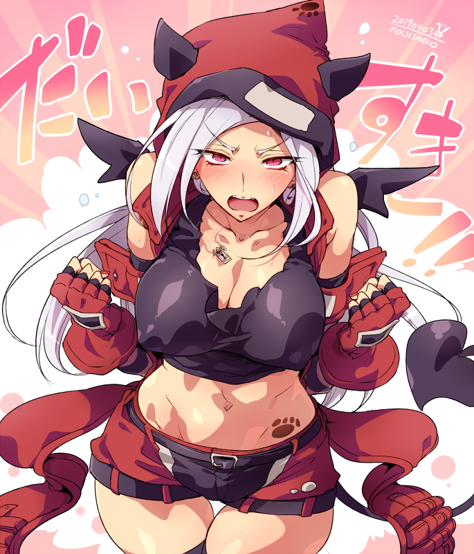 1girl arai_nobu bare_shoulders belt black_gloves black_legwear blush breasts cleavage commentary_request earrings elbow_gloves erect_nipples fingerless_gloves gloves hood jewelry long_hair looking_at_viewer midriff navel necklace original red_gloves shorts slit_pupils solo sweat tail teeth thigh-highs thigh_gap violet_eyes white_hair