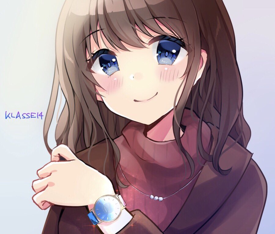 1girl bangs blue_background blue_eyes blush brown_hair brown_jacket closed_mouth commentary_request eyebrows_visible_through_hair gradient gradient_background grey_background hair_between_eyes hand_up jacket klasse14 long_hair long_sleeves looking_at_viewer minami_saki original red_sweater ribbed_sweater smile solo sweater upper_body watch watch