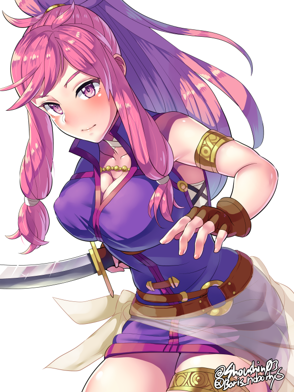 1girl bare_shoulders boris_(noborhys) breasts cleavage fire_emblem fire_emblem:_seima_no_kouseki large_breasts long_hair marica_(fire_emblem) nintendo purple_hair smile solo sword violet_eyes weapon white_background