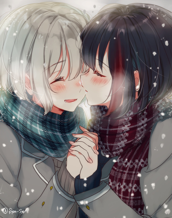 2girls aoba_moka aqua_scarf bang_dream! bangs black_hair blue_sweater blush closed_eyes coat eyebrows_visible_through_hair grey_background grey_coat grey_hair grey_sweater hand_holding interlocked_fingers mitake_ran mizukikushou multicolored_hair multiple_girls nail red_scarf redhead scarf short_hair smile snow streaked_hair sweater winter_clothes winter_coat yuri