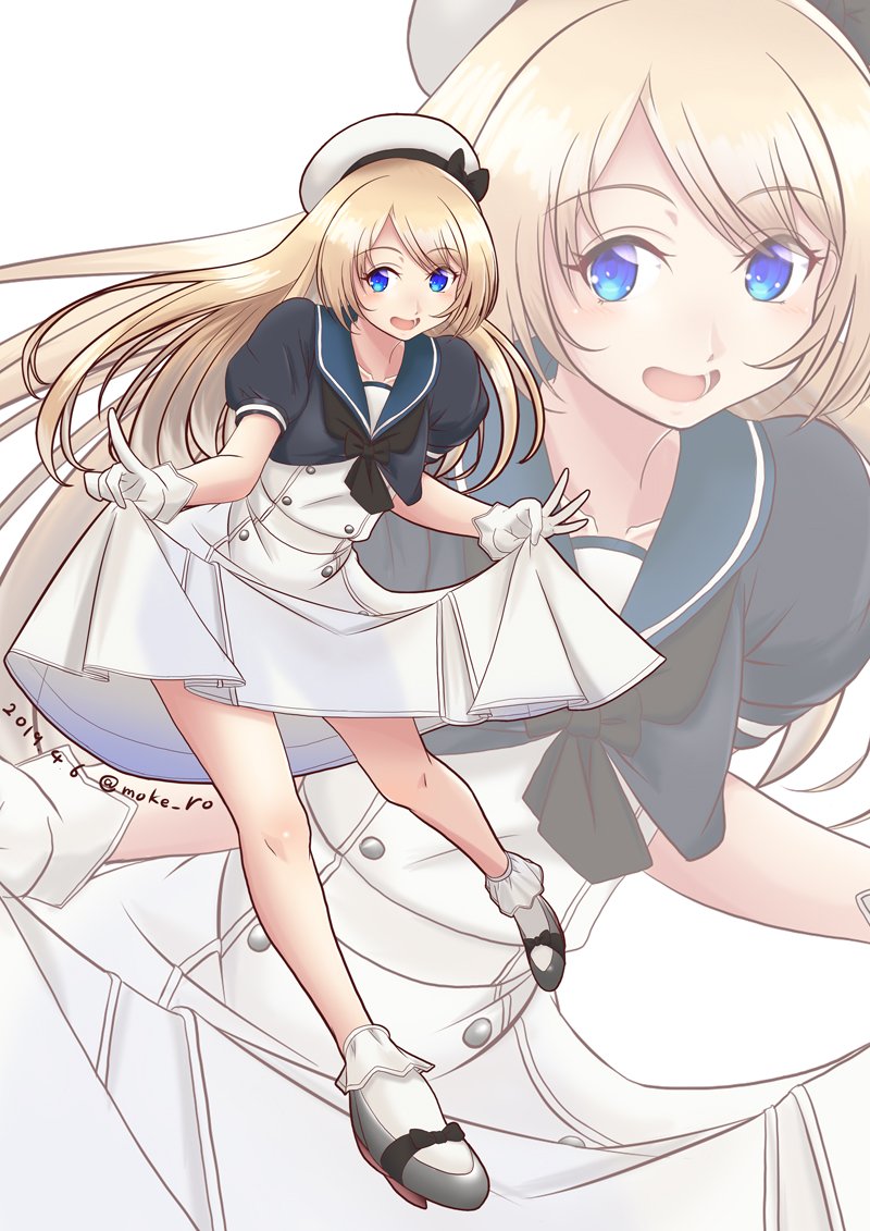 1girl blonde_hair blue_eyes commentary_request dress dress_lift full_body gloves hat jervis_(kantai_collection) kantai_collection leaning_forward mary_janes mokerou open_mouth sailor_collar sailor_dress sailor_hat shoes short_sleeves simple_background smile solo white_background white_dress white_gloves white_headwear zoom_layer