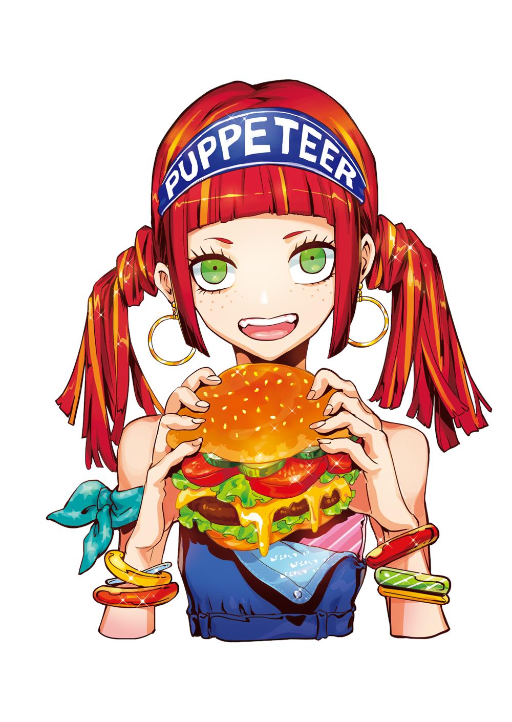 1girl artist_name bare_shoulders bracelet brown_hair cheese cropped_torso cucumber earrings food freckles green_eyes hamburger highres holding holding_food jewelry lettuce meat open_mouth original puppeteer7777 sidelocks simple_background smile solo sparkle tomato twintails upper_body white_background