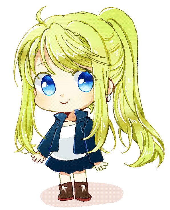 1girl :&gt; arms_at_sides bangs black_jacket black_skirt blonde_hair blue_eyes boots chibi earrings eyebrows_visible_through_hair eyelashes eyes_visible_through_hair full_body fullmetal_alchemist happy jacket jewelry long_hair looking_away ponytail shadow shirt simple_background skirt smile solo tsukuda0310 white_background white_shirt winry_rockbell
