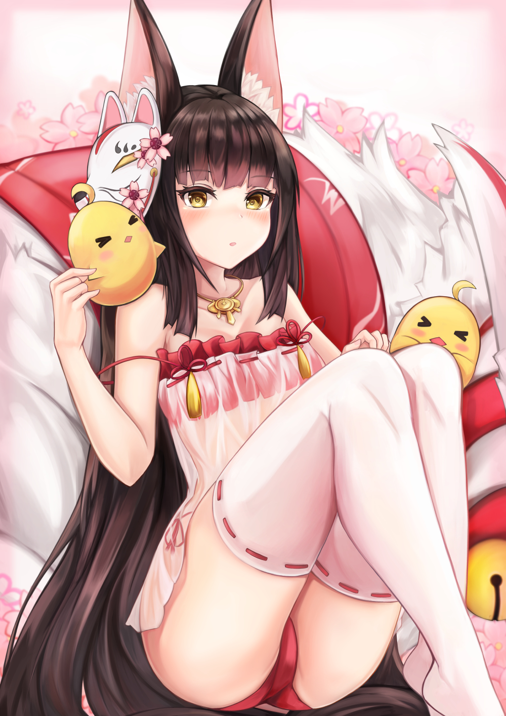 1girl :o alternate_costume animal animal_ear_fluff animal_ears animal_on_shoulder ass azur_lane babydoll bangs bare_arms bare_shoulders bell bird black_hair blunt_bangs blush bra breasts brown_eyes chick collarbone eyebrows_visible_through_hair fox_ears fox_mask hair_ornament hand_up highres jewelry jingle_bell knees_up long_hair looking_at_viewer mask mask_on_head nagato_(azur_lane) necklace no_shoes open_mouth panties parted_lips red_bra red_panties ryara_vivi see-through sitting small_breasts solo spaghetti_strap strap_slip thigh-highs underwear very_long_hair white_babydoll white_legwear yellow_eyes