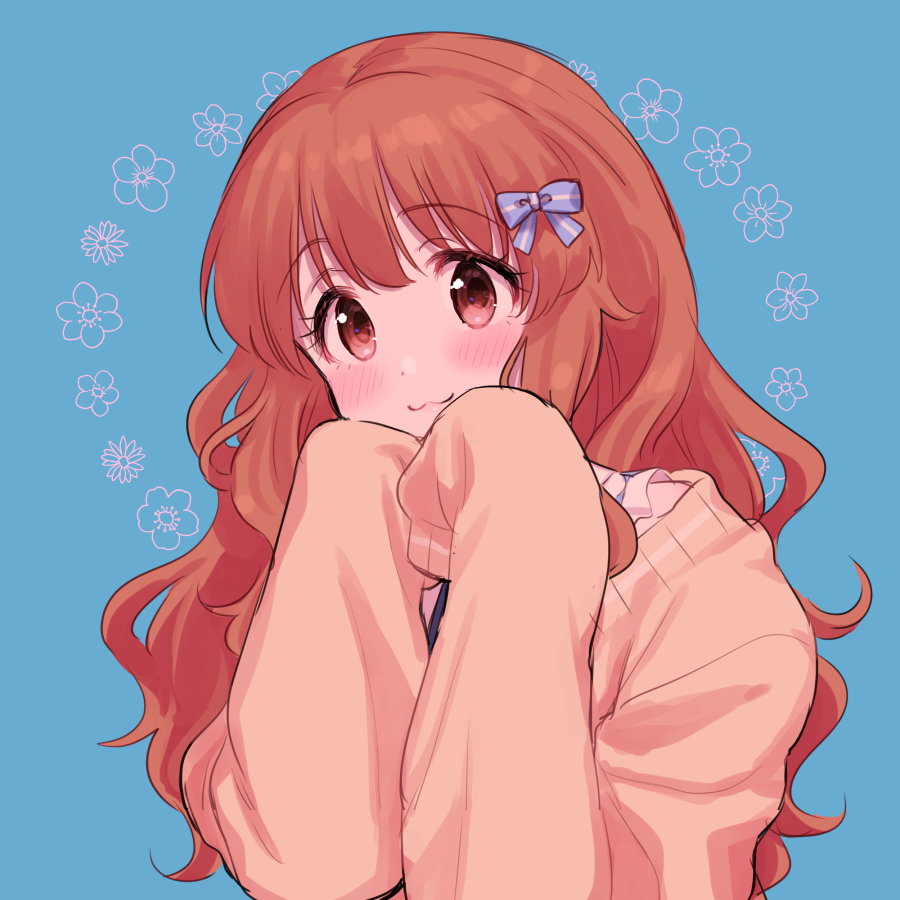 1girl :3 blue21 blush bow brown_eyes eyebrows_visible_through_hair floral_print hair_bow idolmaster idolmaster_cinderella_girls light_brown_hair long_hair long_sleeves moroboshi_kirari simple_background sleeves_past_wrists solo sweater upper_body