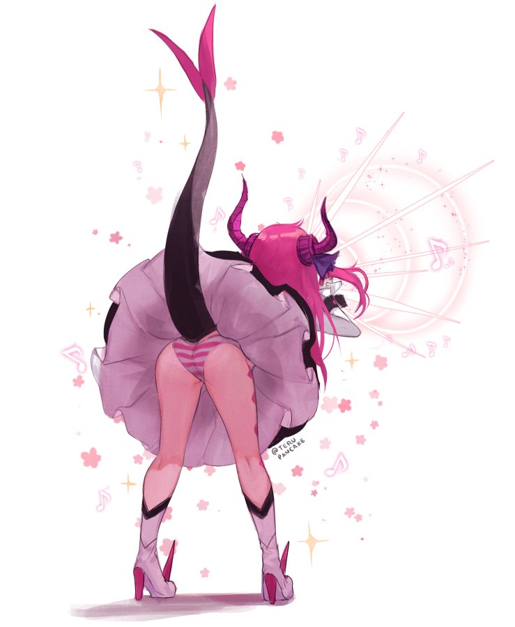 1girl ass asymmetrical_horns bent_over boots dragon_horns dragon_tail dress elizabeth_bathory_(fate) elizabeth_bathory_(fate)_(all) fate/grand_order fate_(series) high_heel_boots high_heels horns long_hair musical_note panties pantyshot pantyshot_(standing) pink_hair solo standing striped striped_panties tail tail_raised terupancake underwear upskirt white_background