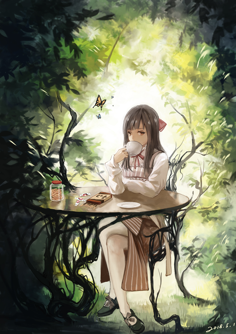 1girl bangs black_footwear blunt_bangs bow brown_eyes brown_hair bug butterfly candy cup dated drinking food hair_bow highres holding holding_cup insect jar legs_crossed long_hair looking_at_viewer mary_janes mug original pantyhose pocky shirt shoe_ribbon shoes sitting solo table tree white_legwear white_shirt xiaobanbei_milk