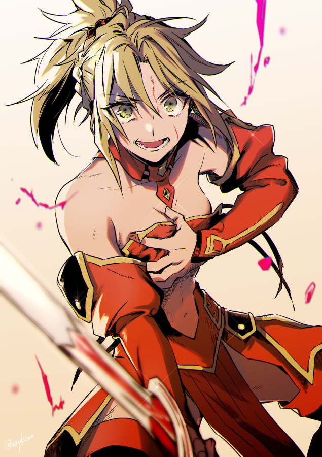 1girl blonde_hair blood blood_on_face boots bra breasts choker cleavage collarbone covering covering_breasts detached_sleeves fate/apocrypha fate_(series) faulds green_eyes hair_ornament hair_scrunchie holding holding_sword holding_weapon long_hair long_sleeves looking_at_viewer medium_breasts midriff mordred_(fate) mordred_(fate)_(all) navel open_mouth ponytail red_bra red_scrunchie red_sleeves scrunchie solo stomach strapless strapless_bra sword thigh-highs thigh_boots underwear untied_bra weapon yodokawa_(yukko)
