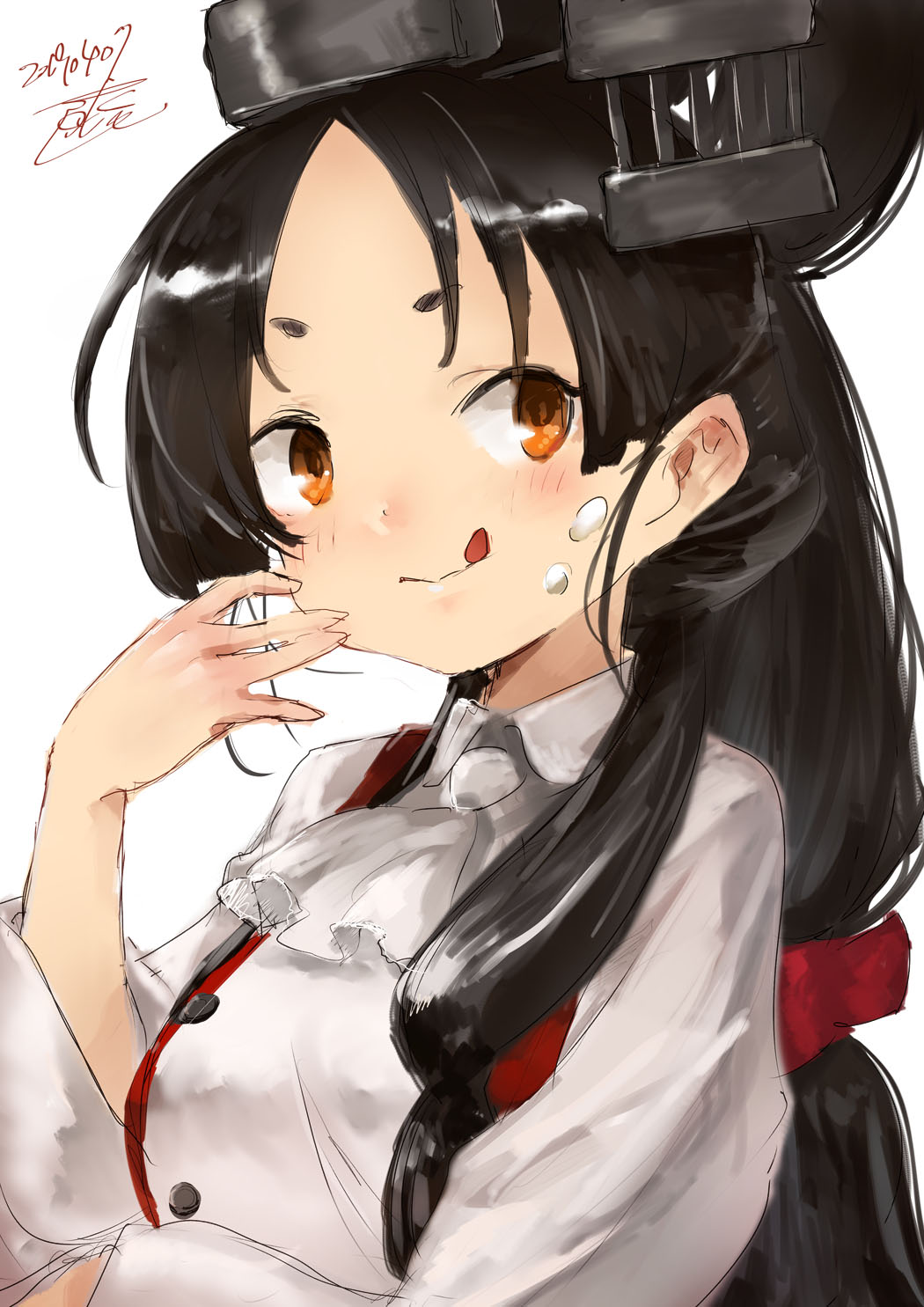 1girl alternate_costume black_hair blush brown_eyes chef_uniform closed_mouth hair_tie headgear high_ponytail highres kantai_collection long_hair multi-tied_hair nisshin_(kantai_collection) red_ribbon ribbon short_eyebrows solo thick_eyebrows toka_(marchlizard) very_long_hair