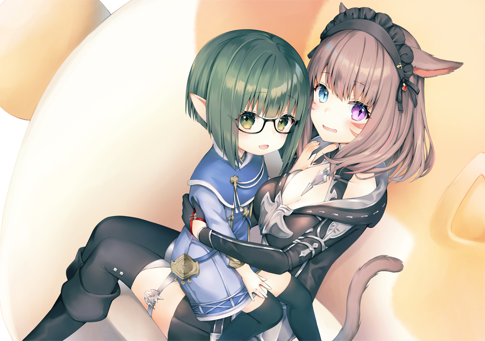 2girls animal_ears bangs black_legwear blunt_bangs blush breasts brown_hair cat_ears cat_tail cleavage eyebrows_visible_through_hair facial_mark fang final_fantasy final_fantasy_xiv glasses gloves green_eyes green_hair heterochromia hug kanora lalafell looking_at_viewer maid_headdress medium_breasts miqo'te multiple_girls open_mouth pointy_ears short_hair sitting sitting_on_lap sitting_on_person slit_pupils tail thigh-highs whisker_markings