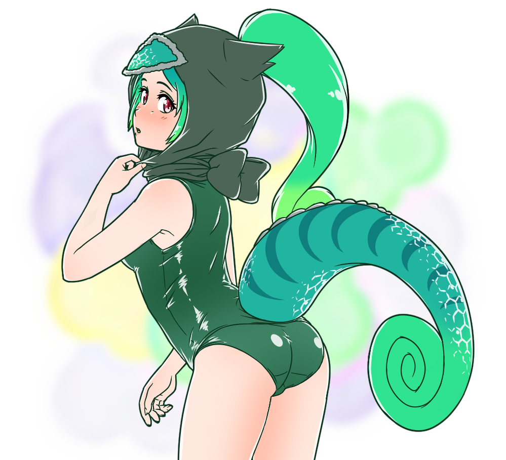 1girl acesrulez adapted_costume bare_arms bare_legs bare_shoulders blush chameleon_tail collar_tug commentary_request cowboy_shot gradient_hair green_hair green_swimsuit hair_through_headwear hood kemono_friends light_green_hair long_ponytail looking_at_viewer multicolored_hair one-piece_swimsuit panther_chameleon_(kemono_friends) red_eyes school_swimsuit short_hair solo swimsuit tail