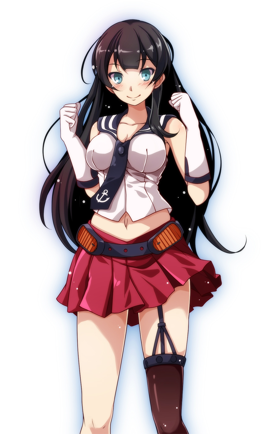 1girl agano_(kantai_collection) anchor_symbol bangs bare_shoulders belt black_hair black_sailor_collar blue_eyes blunt_bangs blush breasts brown_legwear cleavage clenched_hands closed_mouth collarbone elbow_gloves feet_out_of_frame garter_straps gloves hands_up highres kantai_collection long_hair looking_at_viewer medium_breasts miniskirt navel pleated_skirt purple_skirt sailor_collar school_uniform serafuku single_glove skirt smile solo standing tsukishiro_saika very_long_hair white_gloves