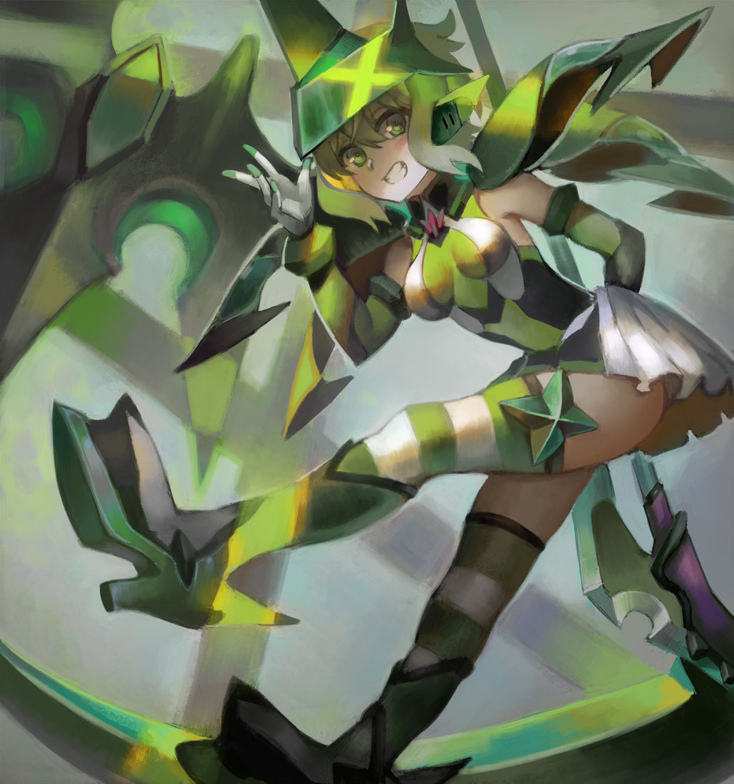 1girl akatsuki_kirika armor blonde_hair blush boots breasts elbow_gloves gloves green_eyes grin headgear leotard looking_at_viewer medium_breasts pauldrons scythe senki_zesshou_symphogear short_hair skirt smile solo striped striped_legwear teeth visqi