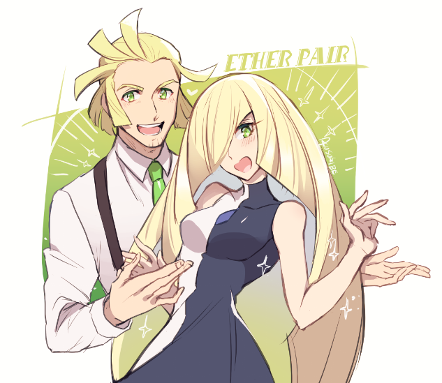 1boy 1girl :d artist_name bare_arms bare_shoulders blonde_hair blush breasts collared_shirt creatures_(company) dress forehead game_freak green_eyes green_neckwear hair_over_one_eye husband_and_wife kusuribe long_hair long_sleeves looking_at_viewer lusamine_(pokemon) mature medium_breasts mohn necktie nintendo open_mouth pokemon pokemon_(game) pokemon_sm round_teeth shirt sleeveless sleeveless_dress smile suspenders teeth two-tone_dress upper_body upper_teeth v-shaped_eyebrows very_long_hair white_shirt